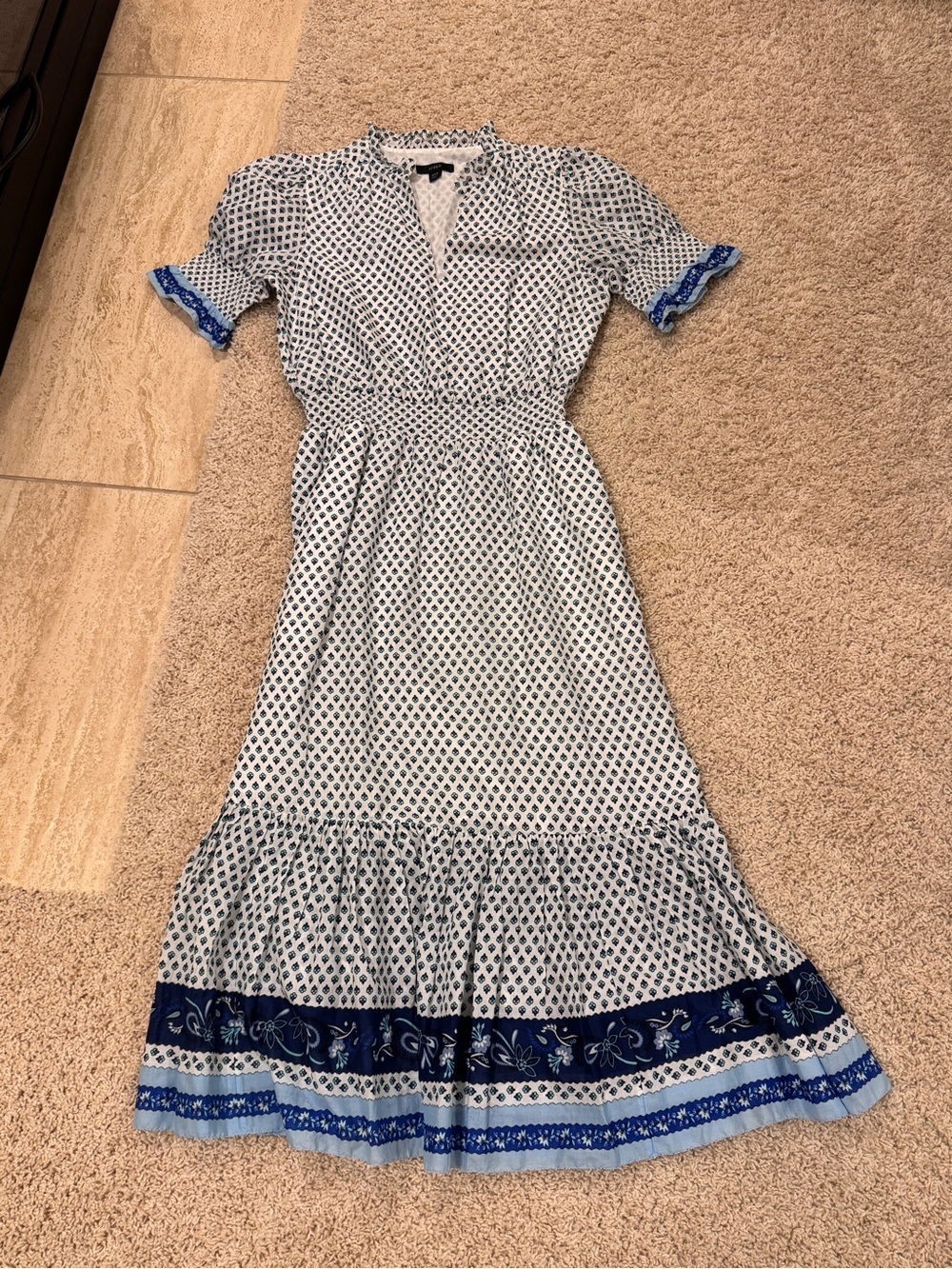 J. Crew Ferris Cotton Midi Dress- White/ Blue Printed with Border Hem- NWOT